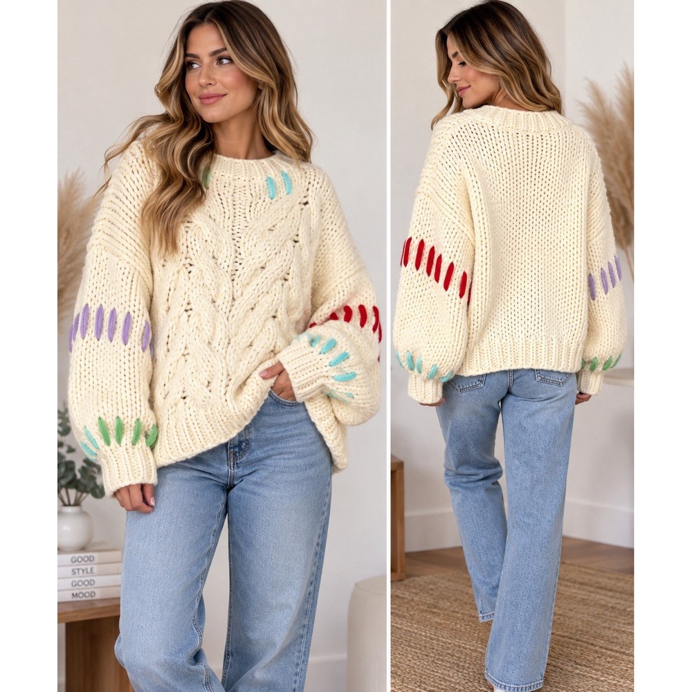Böhme L Cream Chunky Cable Knit Oversized Sweater Multicolor Whipstitch Boho
